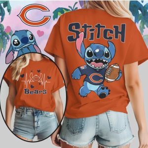 Stitch Chicago Bears Football Heartbeat Sport Navy Orange Cute Fan Apparel T Shirt