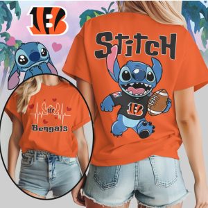 Stitch Cincinnati Bengals Football Heartbeat Unisex Orange Black Cute Disney Character T Shirt