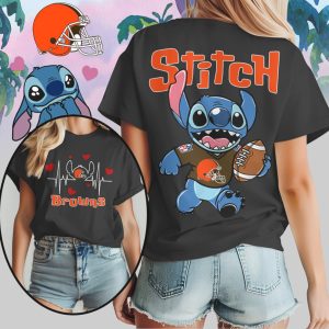 Stitch Cleveland Browns Football Heartbeat Casual Orange Brown Cute Character Fan T Shirt Stitch Cleveland Browns Football Heartbeat Casual Orange Brown Cute Character Fan T Shirt