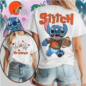 Stitch Cleveland Browns Football Heartbeat Casual Orange Brown Cute Character Fan T Shirt