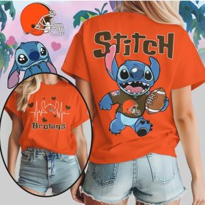Stitch Cleveland Browns Football Heartbeat Casual Orange Brown Cute Character Fan T Shirt