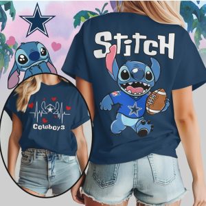 Stitch Dallas Cowboys Football Heartbeat Fan Navy Blue Grey Cute Character T Shirt
