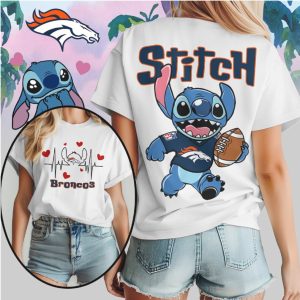 Stitch Denver Broncos NFL Graphic Stitch Holding Football Orange Blue Character T Shirt