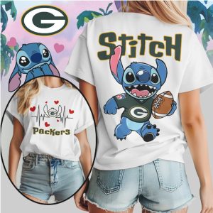 Stitch Green Bay Packers Football Heartbeat Vintage Green Gold Cute Disney T Shirt