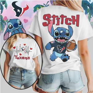 Stitch Houston Texans Football Heartbeat Graphic Navy Red White Cute Character T Shirt