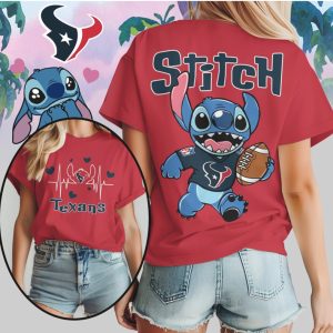 Stitch Houston Texans Football Heartbeat Graphic Navy Red White Cute Character T Shirt
