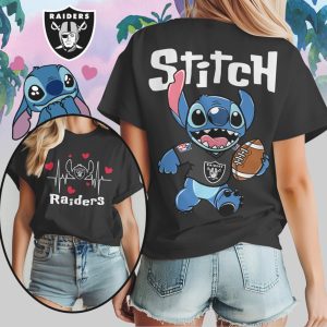 Stitch Las Vegas Raiders Football Heartbeat Graphic NFL Fan Black Silver T Shirt Stitch Las Vegas Raiders Football Heartbeat Graphic NFL Fan Black Silver T Shirt
