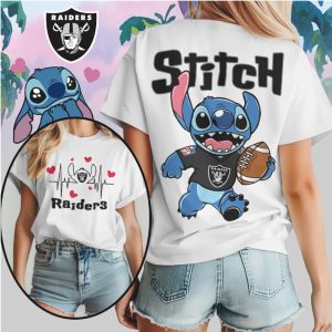 Stitch Las Vegas Raiders Football Heartbeat Graphic NFL Fan Black Silver T Shirt
