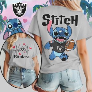 Stitch Las Vegas Raiders Football Heartbeat Graphic NFL Fan Black Silver T Shirt