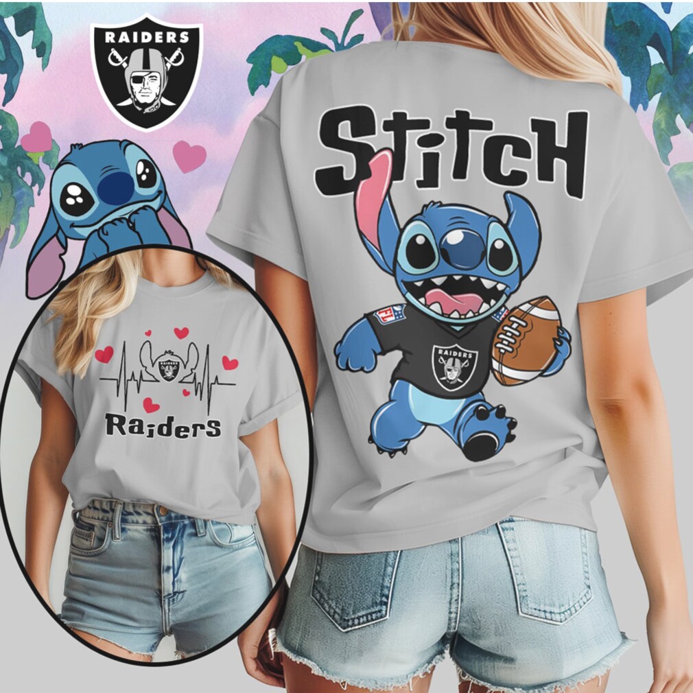 Stitch Las Vegas Raiders Football Heartbeat Graphic NFL Fan Black Silver T Shirt Stitch Las Vegas Raiders Football Heartbeat Graphic NFL Fan Black Silver T Shirt