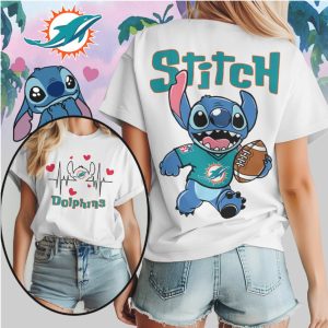 Stitch Miami Dolphins Football Heartbeat Tropical Team Spirit Aqua Orange Cute T Shirt
