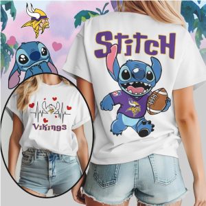 Stitch Minnesota Vikings Football Heartbeat Fan Purple Gold Cute Character Football T Shirt