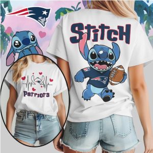 Stitch New England Patriots Football Heartbeat Fan Navy Red Cute Disney T Shirt