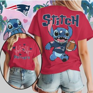 Stitch New England Patriots Football Heartbeat Fan Navy Red Cute Disney T Shirt