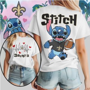 Stitch New Orleans Saints Football Heartbeat Fleur De Lis Fan Black T Shirt