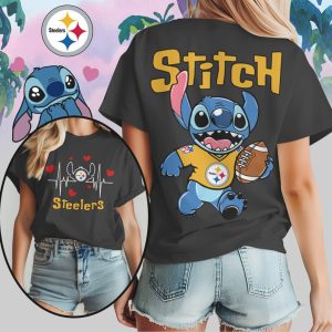 Stitch Pittsburgh Steelers Football Heartbeat Graphic Black and Gold Cute Character T Shirt Stitch Pittsburgh Steelers Football Heartbeat Graphic Black and Gold Cute Character T Shirt