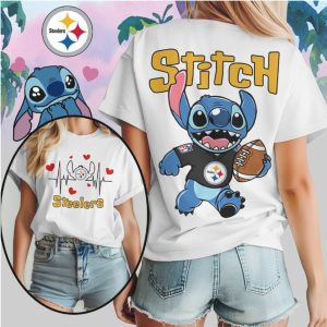 Stitch Pittsburgh Steelers Football Heartbeat Graphic Black and Gold Cute Character T Shirt