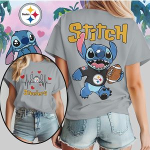 Stitch Pittsburgh Steelers Football Heartbeat Graphic Black and Gold Cute Character T Shirt