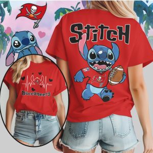 Stitch Tampa Bay Buccaneers Football Heartbeat Pirate Fan Gear Red Pewter T Shirt
