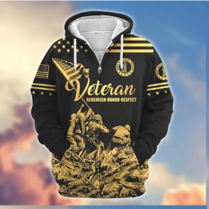 Veteran Memorial Day Fallen Soldier Tribute Gold Black 3D Zip Hoodie