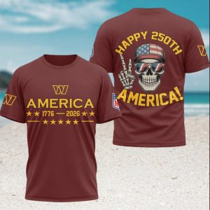 Washington Commanders Happy 250th America 1776 2026 Patriotic Skull T Shirt Washington Commanders Happy 250th America 1776 2026 Patriotic Skull T Shirt