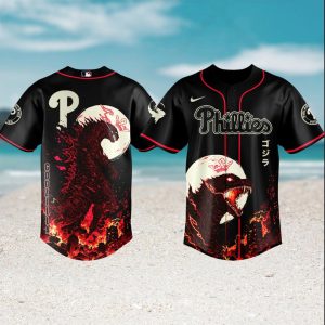 Godzilla x Philadelphia Phillies Custom MLB Baseball Red Black Monster Edition Jersey Godzilla x Philadelphia Phillies Custom MLB Baseball Red Black Monster Edition Jersey