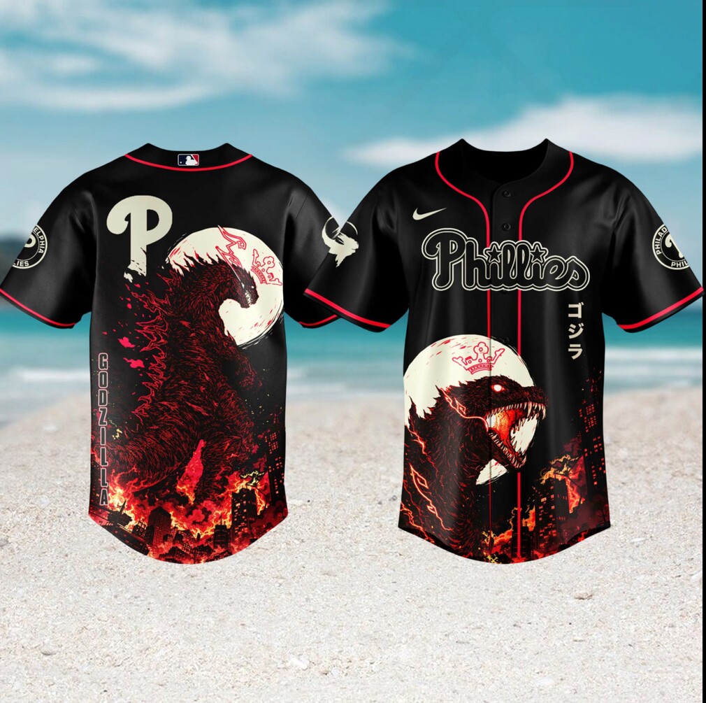 Godzilla x Philadelphia Phillies Custom MLB Baseball Red Black Monster Edition Jersey Godzilla x Philadelphia Phillies Custom MLB Baseball Red Black Monster Edition Jersey