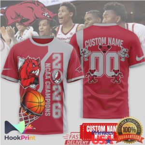 Arkansas Razorbacks NCAA Basketball Champions 2026 Grateful Dead Dancing Bears Custom Name Fans T Shirt Arkansas Razorbacks NCAA Basketball Champions 2026 Grateful Dead Dancing Bears Custom Name Fans T Shirt