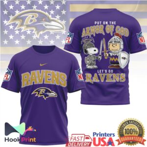 Baltimore Ravens Put On The Armor Of God Snoopy Charlie Brown 2026 Fans T Shirt