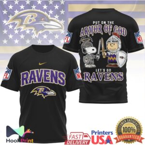 Baltimore Ravens Put On The Armor Of God Snoopy Charlie Brown 2026 Fans T Shirt