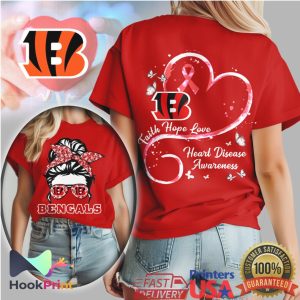 Cincinnati Bengals Messy Bun Heart Disease Awareness Faith Hope Love T Shirt