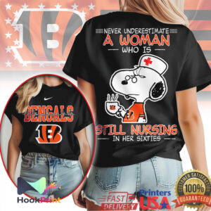 Cincinnati Bengals Never Underestimate A Woman Still Nursing In Her Sixties Snoopy Nurse T Shirt Cincinnati Bengals Never Underestimate A Woman Still Nursing In Her Sixties Snoopy Nurse T Shirt