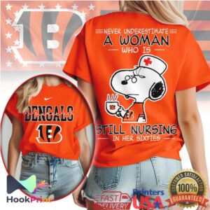 Cincinnati Bengals Snoopy Nurse Never Underestimate A Woman Still Nursing In Her Sixties T Shirt Cincinnati Bengals Snoopy Nurse Never Underestimate A Woman Still Nursing In Her Sixties T Shirt