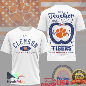 Clemson Tigers This Teacher Loves Teach Love Inspire Apple Heart Gift Men Women T Shirt