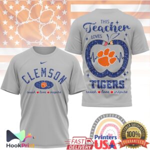Clemson Tigers This Teacher Loves Teach Love Inspire Apple Heart Gift Men Women T Shirt