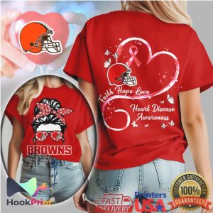 Cleveland Browns Messy Bun Heart Disease Awareness Faith Hope Love Red T Shirt