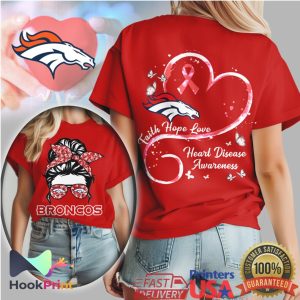 Denver Broncos Messy Bun Heart Disease Awareness Faith Hope Love Red T Shirt