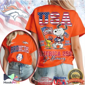Denver Broncos Snoopy America 250 Home of the Brave Graphic T Shirt Denver Broncos Snoopy America 250 Home of the Brave Graphic T Shirt