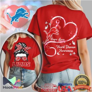 Detroit Lions Messy Bun Heart Disease Awareness Faith Hope Love Red T Shirt