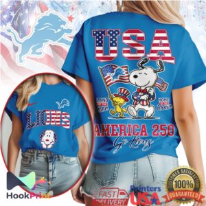 Detroit Lions Snoopy America 250 Land of the Free Patriotic T Shirt