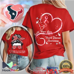Houston Texans Messy Bun Heart Disease Awareness Faith Hope Love Red T Shirt