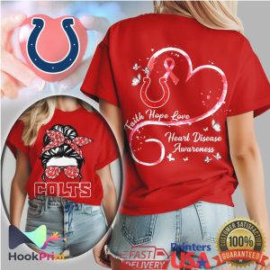 Indianapolis Colts Messy Bun Heart Disease Awareness Faith Hope Love Red T Shirt