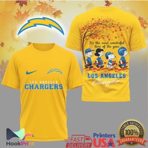 Los Angeles Chargers Peanuts Snoopy Fall Season Graphic T Shirt Los Angeles Chargers Peanuts Snoopy Fall Season Graphic T Shirt