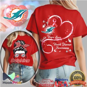 Miami Dolphins Messy Bun Heart Disease Awareness Faith Hope Love T Shirt