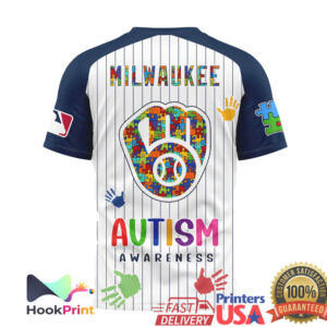 Milwaukee Brewers Autism Awareness Puzzle Pattern Colorful Handprints Pinstripe Baseball Fans Men Women T Shirt