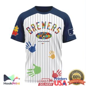 Milwaukee Brewers Autism Awareness Puzzle Pattern Colorful Handprints Pinstripe Baseball Fans Men Women T Shirt