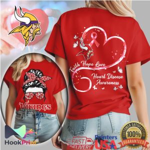 Minnesota Vikings Messy Bun Heart Disease Awareness Faith Hope Love Red T Shirt