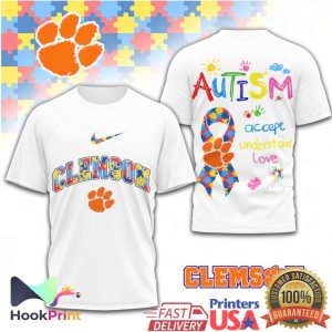 NCAA Clemson Tigers Autism Awareness Paw Print & Puzzle Ribbon T Shirt