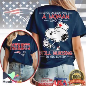 New England Patriots NFL Never Underestimate A Woman Still Nursing In Her Sixties Snoopy Women T Shirt