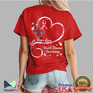 New Orleans Saints Messy Bun Heart Disease Awareness Faith Hope Love Red T Shirt